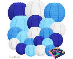 Fissaly 20 Stuks Lampionnen Set Versiering Blauw & Wit – Feest Decoratie – Verjaardag, Babyshower & Gender Reveal - Papier