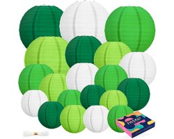 Fissaly 20 Stuks Lampionnen Set Versiering Groen & Wit – Feest Decoratie – Verjaardag, Jungle & Safari Thema - Papier
