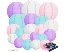 Fissaly 20 Stuks Lampionnen Set Versiering Paars, Lichtblauw, Roze & Wit – Feest Decoratie – Verjaardag - Zeemeermin Thema - Papier