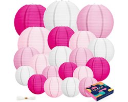 Fissaly 20 Stuks Lampionnen Set Versiering Roze & Wit – Feest Decoratie – Verjaardag, Babyshower & Gender Reveal - Papier