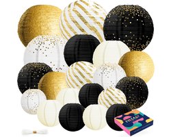 Fissaly 20 Stuks Lampionnen Set Versiering Zwart, Goud & Wit – Feest Decoratie – Bruiloft, Trouwen & Verjaardag - Papier - Happy New Year 2026 Versiering Pakket
