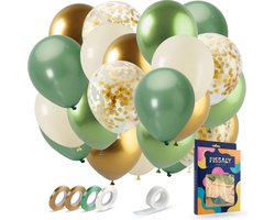 Fissaly 40 stuks Olijfgroen & Gouden Ballonnen Set met Lint – Feest Decoratie – Verjaardag Versiering – Papieren Confetti - Helium