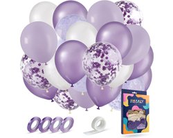 Fissaly 40 stuks Paars, Wit & Lila Helium Ballonnen met Lint – Verjaardag Versiering Decoratie – Papieren Confetti – Latex