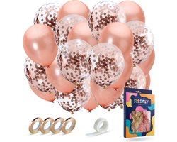Fissaly 40 stuks Rose Goud Helium Ballonnen met Lint – Verjaardag Versiering - Decoratie - Papieren Confetti – Roze Gold Latex