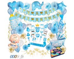 Fissaly 93 Stuks Babyshower Jongen & Gender Reveal Versiering – Baby Boy – Mommy to Be Party Decoratie Pakket