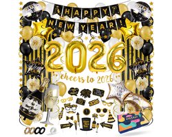 Fissaly Happy New Year 2026 Versiering Pakket - Oudjaar & Nieuwjaar Pakket – Oud en Nieuw Feest Decoratie Feestpakket - Ballonnen – Goud, Wit & Zwart