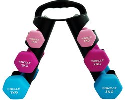 Fitness zomer dagaanbieding AANBIEDING! nu van € 64,95 voor € 49,95 Dumbell rek met dumbbells - bestaat uit een set van 1 kg, 2kg en 3kg - Dumbbell toren met gewichten - neopreen dumbbells