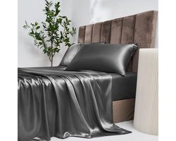 Fitted Sheet van Damast Satijn, 160 x 200 cm, Donkergrijs met Zijdeglans, Geschikt voor Matras tot 30 cm Hoog, Luxe Katoen en Ademend Materiaal