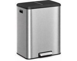 Five Stars® Prullenbak 60 Liter - 2x30L - Pedaalemmer met 2 Vakken - Afvalscheiding - RVS - Soft Close Deksel - Zilver