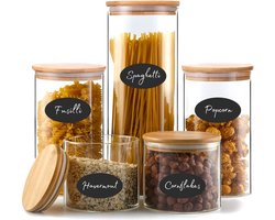 Five Stars® Voorraadpotten - 5 Delige set - Glas met deksel - Met Herschrijfbare Stickers & Pen - Snoeppot - Glazen voorraadpotten