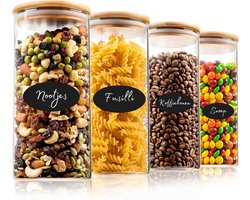 Five Stars® Voorraadpotten - Glas met deksel - 4 Delige Set - 1200 ML - Met Herschrijfbare Stickers & Pen - Snoeppot