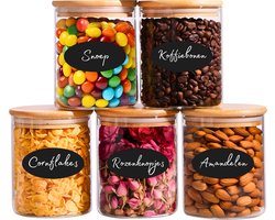 Five Stars® Voorraadpotten - Glas met deksel - 750 ML - 5 delige set - BPA vrij - Met Pen & Herschrijfbare Stickers - Snoeppot