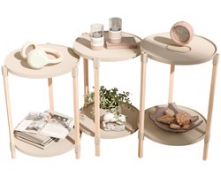 Fixwood 2-Laags Plantenstandaard Set van 3 – Massief Hout & Kunststof – Modern Bloemenrek – Plantenhouder Binnen – Scandinavisch Design – Beige – 2-Tier Plant Stand