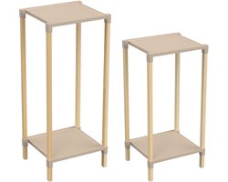 Fixwood 2-Tier Plantenstandaard – Set van 2 Bloemenrekken – Houten Bloemenstandaard voor Binnen & Buiten – Decoratieve Plantentafel – 40 & 50 cm Hoog – Beige/Natuur