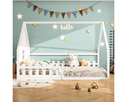 Flachbett 140*200 cm kinderbed met houten zijbeugel, beschermrand en pijnhout in wit