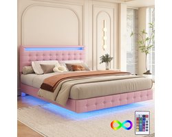 Flachbett 140*200 cm met LED-omgevingsverlichting, afstandsbediening met 24 knoppen, vering, PU-materiaal en drietraps verstelbare hoofdsteun - Roze