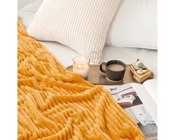 Flanel velours sprei - 4 seizoenen - zacht warm fleece - mosterdgeel - 170 x 210 cm .