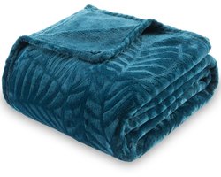 Flanellen fleecedeken met 3D-bladpatroon, licht, superzacht, gezellig pluche beddeken/bankdeken 150 x 200 cm, blauw-groen