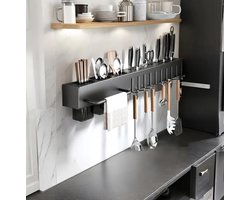 Flavers ® - Zwart - Keukenrek Hangend / ophangbaar - Kruidenrek - keukenrek - muur- roestvrij staal - kookrek - 60 cm - messenblok - wandrek - metaal zwart - keuken organizer - aanrecht organizer - messenhouder - met of zonder boren
