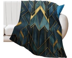 Fleece Deken - Gezellige Plaid - Ontspanning Thuis - Art Deco Design - 60x80 Inch - Marineblauw Teal Goud