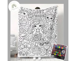 Fleece deken girls - meisje power - DIY XXL Kleurdeken – Fleece deken om zelf in te kleuren - DIY fleece girl power - met textielstiften - cadeau tip