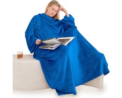 Fleece Deken Met Mouwen - Volwassenen En Kinderen - Blauw - Tv-Deken - 180 x 135 cm - Plaid