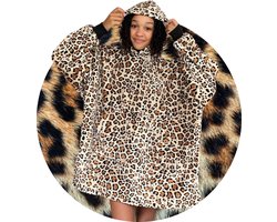 Fleece kinder poncho - plaid met mouwen en capuchon voor kinderen - oversized hoodie kind - fleece deken met mouwen – hoodie blanket - TV deken – zacht & warm - leopard - 134 t/m 164 - Badrock