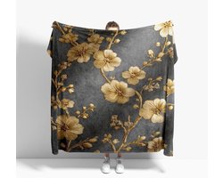Fleecedeken met bloemen - Zachte plaid - Gezelligheid thuis - Gouden reliëf - 150 x 200 cm - Grijs