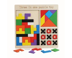 Flero 3 in 1 Montessori Houten Puzzelset - Tangram, Tetris Stijl Vormblokken en Tic Tac Toe XOXO Boter Kaas en Eieren Spel - Kinderspeelgoed - Fijne Motoriek, Logisch Denken en Leren Cadeau