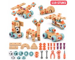 Flero Kinder Gereedschapsset 119 Delig - Houten Schroevendraaier Speelgoed met Gereedschapskist - Educatief Constructiespeelgoed voor Fijne Motoriek en Rollenspel - Montessori Speelgoed vanaf 3 Jaar - Verjaardagscadeau, Sinterklaascadeau
