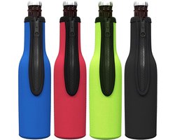 Flessenkoeler - 4 Stuks - 19x6 cm - Bierfleskoeler - Geschikt voor Blikbier en Andere Flessen Koude Dranken - Stoffen Flessenkoeler - Kan Isoleren - Universele Maat - Hoes voor Fles in Blauw, Rood, Zwart, Groen
