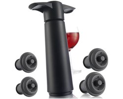 Flessenstop Wijn – Bewaar Set – Vacuümpomp en 4 Herbruikbare Stoppers – Luchtdichte Afsluiting – voor Frisheid en Oxidatiepreventie – Zwart