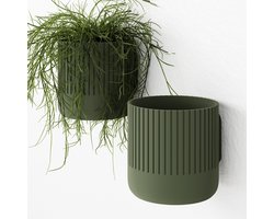Fleuriek - Bloempot voor aan de muur Groen - 2 stuks - Japandi hangpot binnen voor plantenwand, Decoratieve plantenhangers - Kunststof plantenpot voor aan de wand, set van 2 - D12 cm
