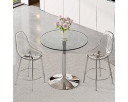 Flexibele barset: glazen tafel van 89 cm + 2 transparante barkrukken – speciaal ontworpen voor open keukens in Europa. Zilverkleurig metalen frame met comfortabele voetensteun.