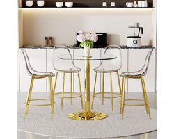 Flexibele barset: glazen tafel van 89 cm + 4 transparante barkrukken – speciaal ontworpen voor open keukens in Europa. Goudkleurig metalen frame met comfortabele voetensteun.