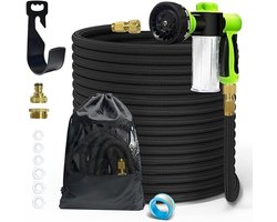 Flexibele Tuinslang 30m, Flexibele Waterslang Rekbaar met 8 Sproeifuncties, Wasmiddelreservoir, Sneladapters & Muurbevestiging