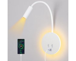 Flexibele zwanenhals LED-wandlamp, 3W 9W leeslamp met USB-oplaadpoort en schakelaar (wit) - Cyslmuk
