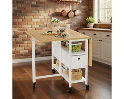 FlexiFold Deluxe - Opvouwbare tafel met wielen, opberglades en planken - Uitschuifbare Verrijdbare vouwplank voor kleine ruimtes - Geel Eiken & Wit - 120 x 80 cm Casa Serena