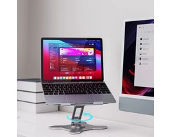 Flexizon® Aluminium Laptopstandaard – 360° Draaibaar & In Hoogte Verstelbaar – Opvouwbare Laptop Houder – Ergonomisch Design – Geschikt voor MacBook, HP, Dell, Lenovo – Zilver & Grijs – Voor Bureau & Thuisgebruik