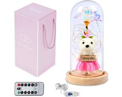 FlexToys Roze Roos in Stolp - Met Afstandsbediening - Wit Beertje met Roze Jurkje en Bloempje - I Love You - Romantisch - Valentijn - Gift - Glas - Kleurrijke LED Lichten - Goud Folie