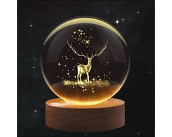 Flexzion 3D Elanden Crystal Ball Nachtlampje - LED-licht hologram glazen lamp met massief houten basis, USB-aangedreven kristallen bollamp met instelbare helderheid voor woondecoratie display cadeau,