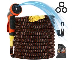 FlinQ Flexibele Tuinslang tot 30 meter - Uitrekbare Waterslang met Sproeikop en Slanghouder - Flexibel dus geen Knopen - Inclusief Opbergtas - Zwart / Oranje