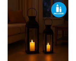FlinQ Led Kaarsen in Lantaarn windlicht - Windlichten voor binnen & Buiten - Lantaarn - Nep Kaarsen - Dinerkaarsen - Zwart - 2-Pack
