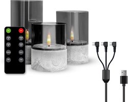 FlinQ Luxe Oplaadbare LED Kaarsen - Inclusief Afstandsbediening met Timer en Dimfunctie - Nep Kaarsen met Flikkerende Vlam - Dinerkaarsen Oplaadbaar - 3 stuks - Stone Look
