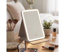 FlinQ Make up Spiegel met Verlichting - LED Licht - Handspiegel - Reisspiegel met Bescherming - Oplaadbaar - Grijs