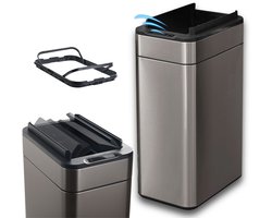 FlinQ Swing Prullenbak - Vuilnisbak met Sensor en Unieke Deksel - Afvalbak met Elegant Design - RVS Afvalemmer - 60 Liter - Carbon Grijs