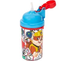 Flip Top Drinkbeker Bidon Paw Patrol  met rietje en handige 2 Go Koord - Rood / Blauw - Kunststof - 400 ml - Waterfles - Fles - Bidon