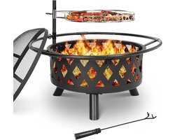 Flolife - Multifunctionele Vuurplaats met Grillrooster & Vonkbescherming – In Hoogte Verstelbare Vuurkom voor BBQ & Terrasverwarming