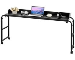 Flolife - Overbedtafel met Stopcontact – Overbedtafel op Wielen – In Hoogte Verstelbare Laptoptafel – Mobiele Bijzettafel voor Bed, Bank, Ziekenhuis, Thuiskantoor en Studie