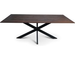 Floor vergadertafel met rechthoekig Mango houten blad met facetrand aan onderzijde. Bladkleur bruin gezandstraald afgewerkt. Onderstel is een spinpoot in de kleur zwart.